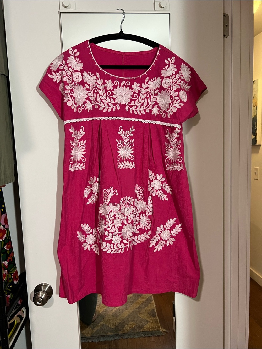 Hot Pink Linen Cotton Embroidered Floral Babydoll Mini Dress M